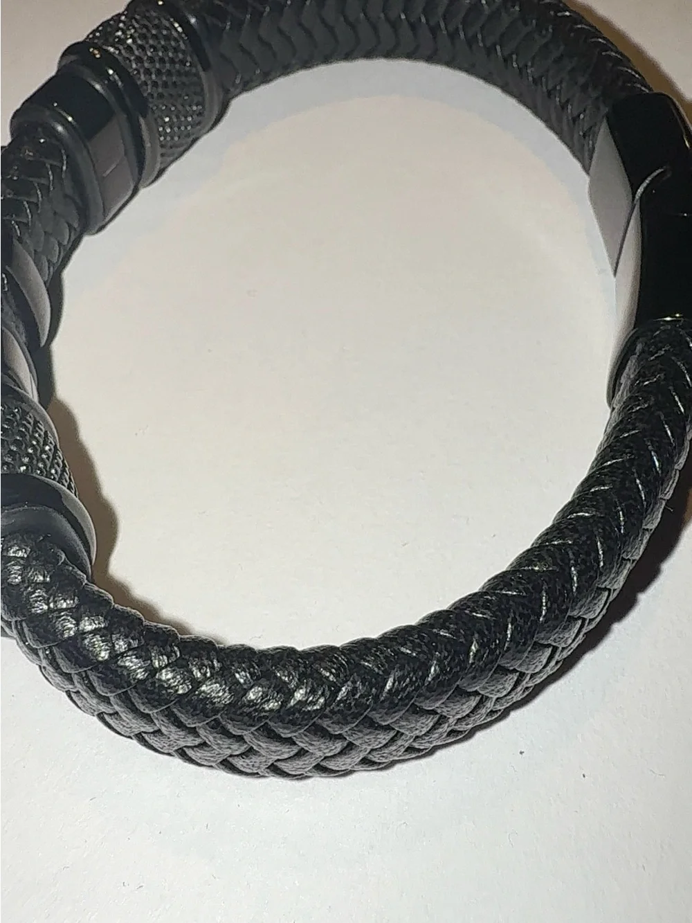 Men's Black Braided Leather Bracelet with Cross Accent